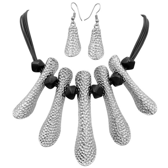 Tribal Bar Flair Black Cord Necklace Earrings Set - Picture 1 of 3